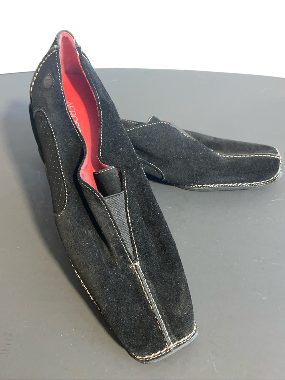 AEROSOLES Black Suede Slip-On Loafers with Red Lining
